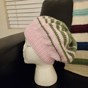 Handmade Pink and Green Knit Beret